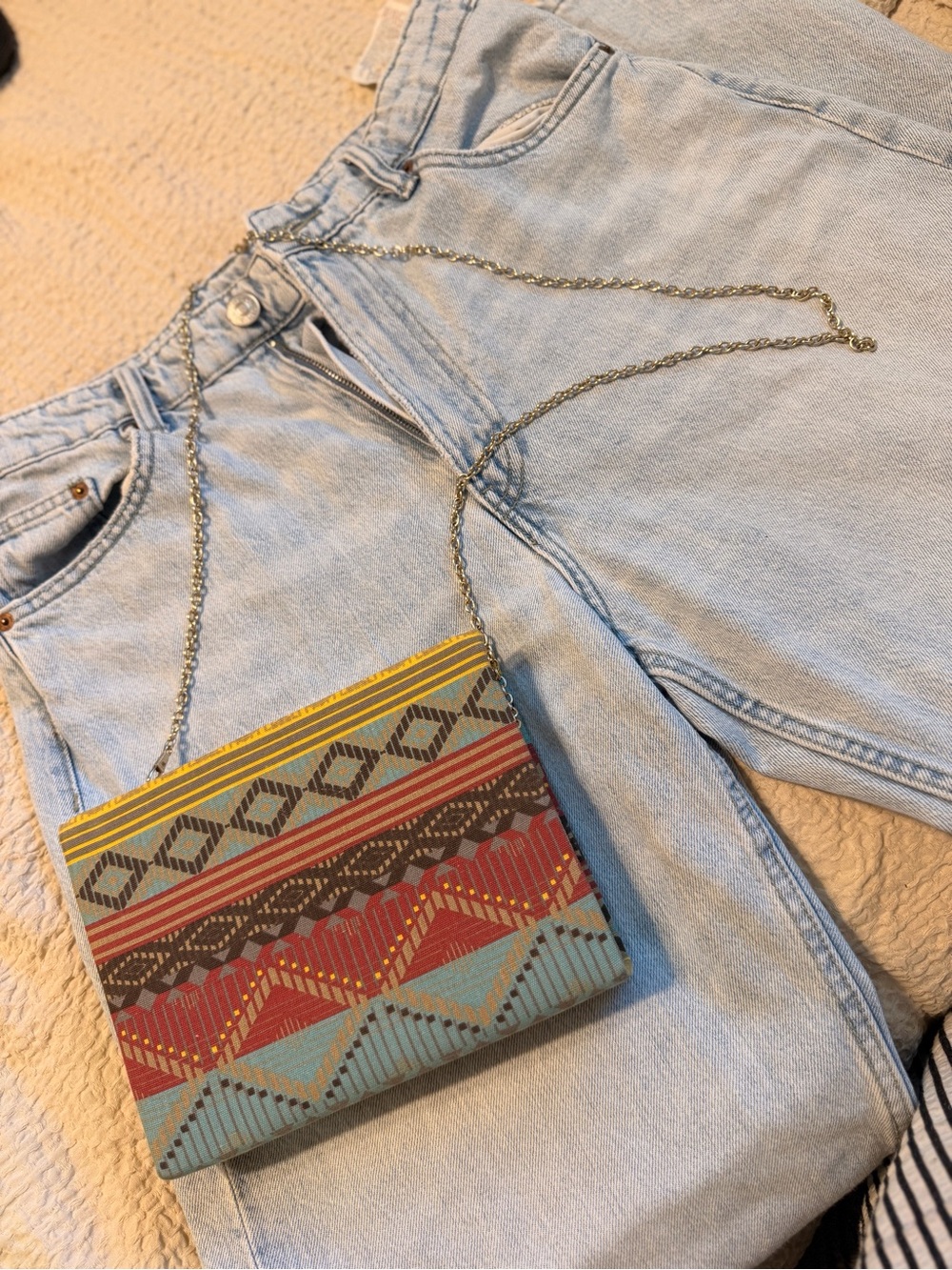 Unique Boho Chic Fabric Rectangular Purse with Gold Chain